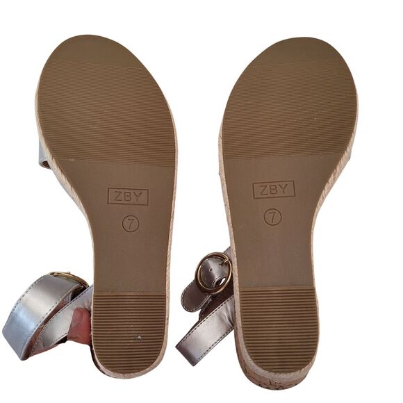 ZBY Cork Wedge Espadrille Sandals Silver Ankle Strap Size 7 New - Picture 11 of 11